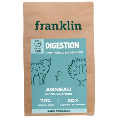 Franklin – Croquettes pour Chat Stérilisé Sensible – Gamme Bien-être – avec 70% d' Agneau et Dinde – sans céréales – Digestion Facile – Taille 10mm – 3 kg - Publicité Franklin – Croquettes pour Chat Stérilisé Sensible – Gamme Bien-être – avec 70% d' Agneau et Dinde – sans céréales – Digestion Facile – Taille 10mm – 3 kg - Publicité