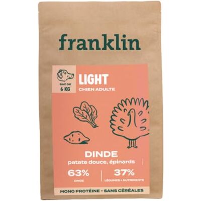 Franklin ""– Croquette Chien Light et Stérilisé – 65% de Dinde – Faible en matière grasse – sans Céréales – Riche en protéines – Contrôle du Poids – Digestion Facile – 6 kg - Publicité Franklin ""– Croquette Chien Light et Stérilisé – 65% de Dinde – Faible en matière grasse – sans Céréales – Riche en protéines – Contrôle du Poids – Digestion Facile – 6 kg - Publicité
