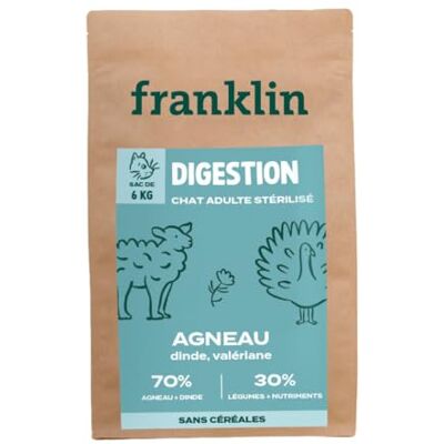 Franklin – Croquettes pour Chat Stérilisé Sensible – Gamme Bien-être – avec 70% d' Agneau et Dinde – sans céréales – Digestion Facile – Taille 10mm – 6 kg - Publicité Franklin – Croquettes pour Chat Stérilisé Sensible – Gamme Bien-être – avec 70% d' Agneau et Dinde – sans céréales – Digestion Facile – Taille 10mm – 6 kg - Publicité