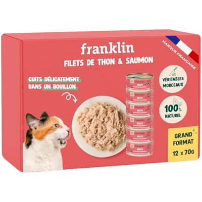 Franklin – Nourriture Humide pour Chat – Filet Thon et Saumon cuit au Bouillon – 100% Naturel, sans Additifs – Texture Savoureuse – Riche en Protéines – Faible en Calories – Lot 12 x 70g - Publicité Franklin – Nourriture Humide pour Chat – Filet Thon et Saumon cuit au Bouillon – 100% Naturel, sans Additifs – Texture Savoureuse – Riche en Protéines – Faible en Calories – Lot 12 x 70g - Publicité