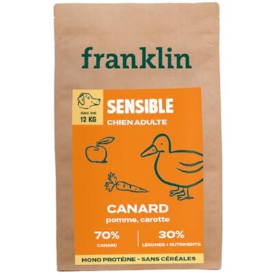 Franklin – Nourriture pour Chien sans Céréales – Gamme Protéinée – avec 70% de Canard – Mono-protéine – Digestion Facile – Forme Ronde 13mm – 12 kg - Publicité Franklin – Nourriture pour Chien sans Céréales – Gamme Protéinée – avec 70% de Canard – Mono-protéine – Digestion Facile – Forme Ronde 13mm – 12 kg - Publicité
