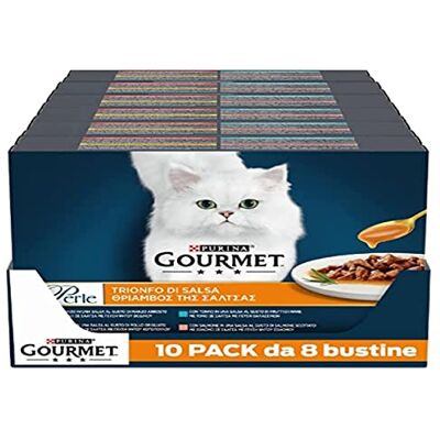 Gourmet Purina Perle humides Chat Triomphe de Sauce avec bœuf, Poulet, Saumon, Thon 80 sachets de 85 g chacun (10 boîtes de 8 x 85 g) - Publicité Gourmet Purina Perle humides Chat Triomphe de Sauce avec bœuf, Poulet, Saumon, Thon 80 sachets de 85 g chacun (10 boîtes de 8 x 85 g) - Publicité