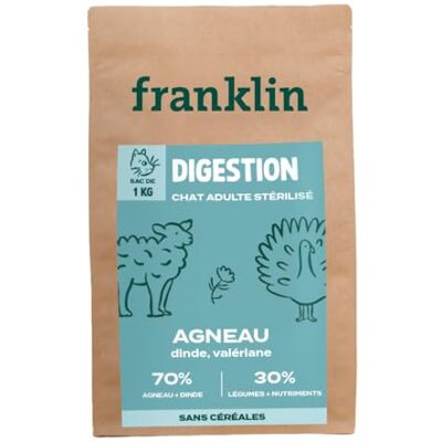 Franklin – Croquettes pour Chat Sensible – Gamme Bien-Être – avec 70% d'agneau et de Dinde – sans céréales – Digestion Facile – Taille 10 mm – 1 kg - Publicité Franklin – Croquettes pour Chat Sensible – Gamme Bien-Être – avec 70% d'agneau et de Dinde – sans céréales – Digestion Facile – Taille 10 mm – 1 kg - Publicité