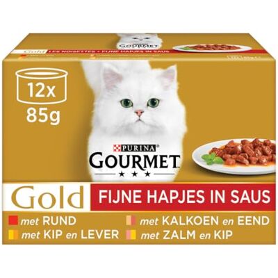 Gourmet Les Noisettes pour chats adultes au boeuf, dinde et canard, saumon et poulet, poulet et fois, Gold 12 x 85 g - Publicité Gourmet Les Noisettes pour chats adultes au boeuf, dinde et canard, saumon et poulet, poulet et fois, Gold 12 x 85 g - Publicité