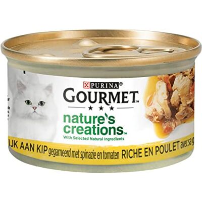 Gourmet Nature's Creations Nourriture humide pour chat Riche en poulet garni d'épinards et de tomates 24 x 85 g 24 boîtes 2,04 kg - Publicité Gourmet Nature's Creations Nourriture humide pour chat Riche en poulet garni d'épinards et de tomates 24 x 85 g 24 boîtes 2,04 kg - Publicité