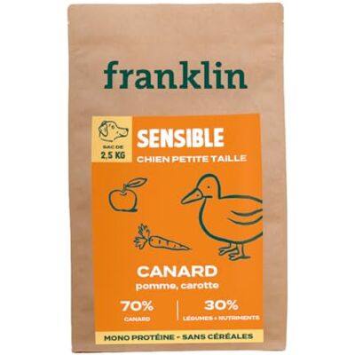 Franklin – Croquettes Chien sans Céréales – Gamme Protéinée – avec 70% de Canard – Mono-protéine – Digestion Facile – Taille 8mm – 2,5 kg - Publicité Franklin – Croquettes Chien sans Céréales – Gamme Protéinée – avec 70% de Canard – Mono-protéine – Digestion Facile – Taille 8mm – 2,5 kg - Publicité