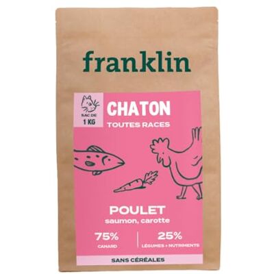 Franklin – Croquettes pour Chaton – Gamme Carnivore – 75% de Viande et Poisson – Croquettes sans Céréales – Soutient la Croissance – Au Poulet et Saumon – Fermeture Intégrée – Taille 7mm – 1 kg - Publicité Franklin – Croquettes pour Chaton – Gamme Carnivore – 75% de Viande et Poisson – Croquettes sans Céréales – Soutient la Croissance – Au Poulet et Saumon – Fermeture Intégrée – Taille 7mm – 1 kg - Publicité