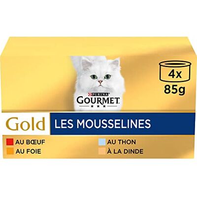 Gourmet Gold Chat Les Mousselines Aliment Complet pour Chat Adulte Bœuf, Foie, Thon, Dinde Boite Lot de 24 (4 x 85 g) - Publicité Gourmet Gold Chat Les Mousselines Aliment Complet pour Chat Adulte Bœuf, Foie, Thon, Dinde Boite Lot de 24 (4 x 85 g) - Publicité