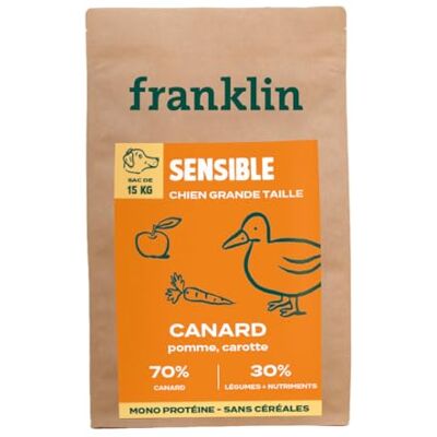 Franklin – Croquettes Chien sans Céréales – Gamme Protéinée – avec 70% de Canard – Mono-protéine – Digestion Facile – Taille 18mm – 15 kg - Publicité Franklin – Croquettes Chien sans Céréales – Gamme Protéinée – avec 70% de Canard – Mono-protéine – Digestion Facile – Taille 18mm – 15 kg - Publicité