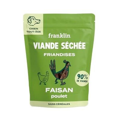 Franklin – Friandises pour Chien – Viande Séchée à Mâcher – Riche en Faisan et Poulet – sans Céréales – 100g - Publicité Franklin – Friandises pour Chien – Viande Séchée à Mâcher – Riche en Faisan et Poulet – sans Céréales – 100g - Publicité