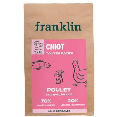 Franklin – Croquettes pour Chiot – avec 70% de Poulet et Saumon – sans Céréales – Taille 11mm – 2,5 kg - Publicité Franklin – Croquettes pour Chiot – avec 70% de Poulet et Saumon – sans Céréales – Taille 11mm – 2,5 kg - Publicité