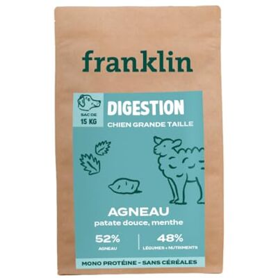 Franklin – Croquettes pour Chien Sensible – Gamme Protéinée – avec 52% d'agneau – sans céréales – Mono-protéine – Taille 18 mm – 15 kg - Publicité Franklin – Croquettes pour Chien Sensible – Gamme Protéinée – avec 52% d'agneau – sans céréales – Mono-protéine – Taille 18 mm – 15 kg - Publicité