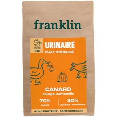 Franklin – Croquettes Urinaires pour Chat Stérilisé – Gamme Bien-être – avec 70% de Canard – sans céréales – Mono-protéine – Taille 10mm – 1 kg - Publicité Franklin – Croquettes Urinaires pour Chat Stérilisé – Gamme Bien-être – avec 70% de Canard – sans céréales – Mono-protéine – Taille 10mm – 1 kg - Publicité