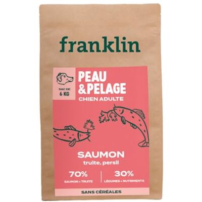 Franklin – Croquettes pour Chien – Gamme Protéinée – avec 70% de Saumon – Mono-protéine – sans Céréales – Peau et Pelage – Forme Triangle 11mm – 6 kg - Publicité Franklin – Croquettes pour Chien – Gamme Protéinée – avec 70% de Saumon – Mono-protéine – sans Céréales – Peau et Pelage – Forme Triangle 11mm – 6 kg - Publicité