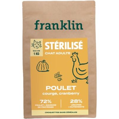 Franklin – Croquette pour Chat Stérilisé – 63% Poulet – Croquettes sans céréales – Viande Fraiche – Riche en Protéines – Faible en Matière Grasse – 1 kg - Publicité Franklin – Croquette pour Chat Stérilisé – 63% Poulet – Croquettes sans céréales – Viande Fraiche – Riche en Protéines – Faible en Matière Grasse – 1 kg - Publicité