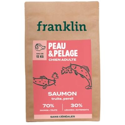 Franklin – Croquettes pour Chien – Gamme Protéinée – avec 70% de Saumon – Mono-protéine – sans Céréales – Peau et Pelage – Forme Triangle 11mm – 12 kg - Publicité Franklin – Croquettes pour Chien – Gamme Protéinée – avec 70% de Saumon – Mono-protéine – sans Céréales – Peau et Pelage – Forme Triangle 11mm – 12 kg - Publicité