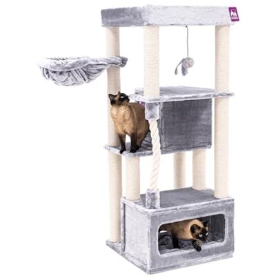 Petrebels Arbre à chat Lodge de 150 cm de haut, avec canapé XL, hamac et corde de jeu, arbre à chat pour plusieurs chats, couleur gris - Publicité Petrebels Arbre à chat Lodge de 150 cm de haut, avec canapé XL, hamac et corde de jeu, arbre à chat pour plusieurs chats, couleur gris - Publicité