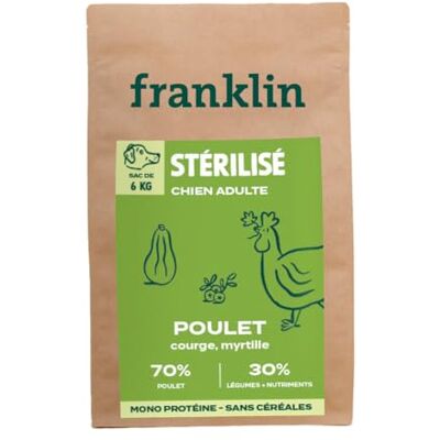 Franklin – Croquettes pour Chien Stérilisé – Gamme Protéinée – avec 70% de Poulet – Mono-protéine – sans Céréales – Forme Ronde 13mm – 6 kg - Publicité Franklin – Croquettes pour Chien Stérilisé – Gamme Protéinée – avec 70% de Poulet – Mono-protéine – sans Céréales – Forme Ronde 13mm – 6 kg - Publicité