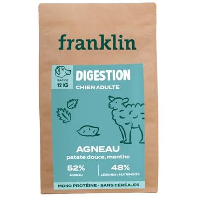 Franklin – Croquettes pour Chien Sensible – Gamme Protéinée – avec 52% d'agneau – sans céréales – Mono-protéine – Taille 13 mm – 12 kg - Publicité Franklin – Croquettes pour Chien Sensible – Gamme Protéinée – avec 52% d'agneau – sans céréales – Mono-protéine – Taille 13 mm – 12 kg - Publicité