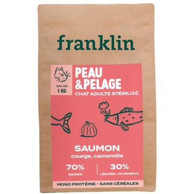 Franklin – Croquettes pour Chat Stérilisé – Gamme Bien-être – avec 70% de Saumon – sans Céréales – Hypoallergénique – Peau et Pelage – Taille 10mm – 1 kg - Publicité Franklin – Croquettes pour Chat Stérilisé – Gamme Bien-être – avec 70% de Saumon – sans Céréales – Hypoallergénique – Peau et Pelage – Taille 10mm – 1 kg - Publicité