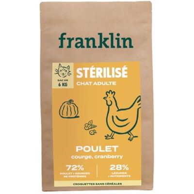 Franklin – Croquette pour Chat Stérilisé – 63% Poulet – Croquettes sans céréales – Viande Fraiche – Riche en Protéines – Faible en Matière Grasse – 6 kg - Publicité Franklin – Croquette pour Chat Stérilisé – 63% Poulet – Croquettes sans céréales – Viande Fraiche – Riche en Protéines – Faible en Matière Grasse – 6 kg - Publicité