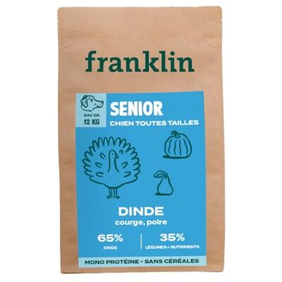 Franklin – Croquettes pour Chien Senior – 65% de Dinde – sans Céréales – Mono-Protéine – Faible en Graisse & Peu calorique – Soutient Les Articulations – Fermeture Intégrée – Taille 13mm – 12 kg - Publicité Franklin – Croquettes pour Chien Senior – 65% de Dinde – sans Céréales – Mono-Protéine – Faible en Graisse & Peu calorique – Soutient Les Articulations – Fermeture Intégrée – Taille 13mm – 12 kg - Publicité