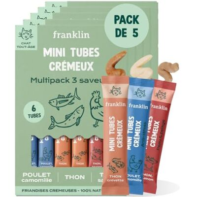 Franklin – Tube Crémeux Chat – Multipack Creamy Snack – Saveurs Poulet, Thon, Saumon – Texture Crémeuse et Onctueuse – Ingrédients 100% Naturels – Faible en Calories – 30 Tubes x 15g - Publicité Franklin – Tube Crémeux Chat – Multipack Creamy Snack – Saveurs Poulet, Thon, Saumon – Texture Crémeuse et Onctueuse – Ingrédients 100% Naturels – Faible en Calories – 30 Tubes x 15g - Publicité