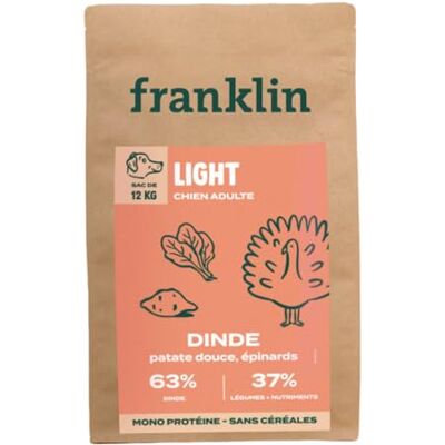 Franklin ""– Croquette Chien Light et Stérilisé – 65% de Dinde – Faible en matière grasse – sans Céréales – Riche en protéines – Contrôle du Poids Digestion Facile – 12 kg - Publicité Franklin ""– Croquette Chien Light et Stérilisé – 65% de Dinde – Faible en matière grasse – sans Céréales – Riche en protéines – Contrôle du Poids Digestion Facile – 12 kg - Publicité