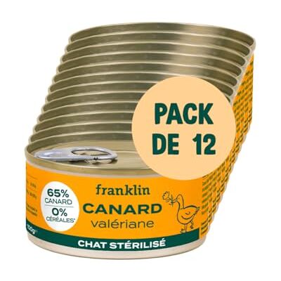 Franklin – Pâtées Chat Adulte sans Céréales – 12x100g – 66% de Viande – Contrôle du Poids – Format canette – Canard, Valériane - Publicité Franklin – Pâtées Chat Adulte sans Céréales – 12x100g – 66% de Viande – Contrôle du Poids – Format canette – Canard, Valériane - Publicité