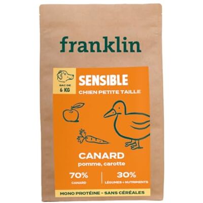 Franklin – Croquettes Chien sans Céréales – Gamme Protéinée – avec 70% de Canard – Mono-protéine – Digestion Facile – Taille 8mm – 6 kg - Publicité Franklin – Croquettes Chien sans Céréales – Gamme Protéinée – avec 70% de Canard – Mono-protéine – Digestion Facile – Taille 8mm – 6 kg - Publicité