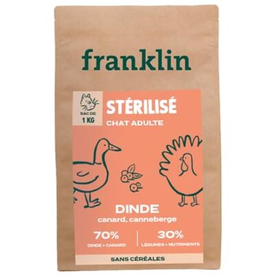 Franklin – Croquettes Chat Stérilisé – Adulte – Gamme Carnivore – 70% de Dinde et de Canard – Riche en Protéines – Croquettes sans Céréales – Anti-Boule De Poil – Fermeture Intégrée – Taille 9mm – 1kg - Publicité Franklin – Croquettes Chat Stérilisé – Adulte – Gamme Carnivore – 70% de Dinde et de Canard – Riche en Protéines – Croquettes sans Céréales – Anti-Boule De Poil – Fermeture Intégrée – Taille 9mm – 1kg - Publicité