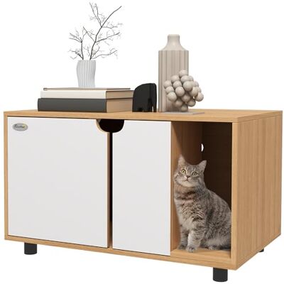 PawHut Maison de Toilette pour Chat, Meuble Cache litière pour Chat, Portes, Table d'appoint pour Animal Domestique, Tapis de Fuite de Sable, 2 Trous d'aération, Style scandinave, Naturel et Blanc - Publicité PawHut Maison de Toilette pour Chat, Meuble Cache litière pour Chat, Portes, Table d'appoint pour Animal Domestique, Tapis de Fuite de Sable, 2 Trous d'aération, Style scandinave, Naturel et Blanc - Publicité