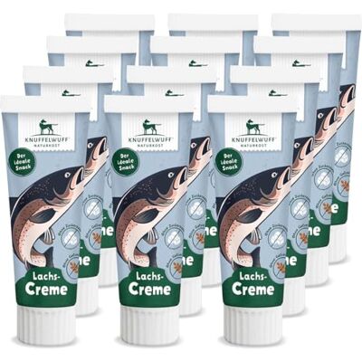 Knuffelwuff Tuben Snack Lot de 12 friandises pour chien Crème de saumon – avec beaucoup de poisson frais – Sans conservateur, sans sucre ni céréales ajoutés – Idéal également pour les chiots – - Publicité Knuffelwuff Tuben Snack Lot de 12 friandises pour chien Crème de saumon – avec beaucoup de poisson frais – Sans conservateur, sans sucre ni céréales ajoutés – Idéal également pour les chiots – - Publicité