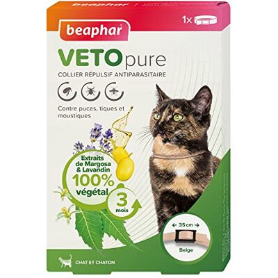 Beaphar – VETOPURE – Collier Répulsif Antiparasitaire pour Chat et Chaton – aux extraits de Margosa & de Lavandin – Contre Les Puces, Tiques et Moustiques – Protection 3 Mois – Collier Beige de 35cm - Publicité Beaphar – VETOPURE – Collier Répulsif Antiparasitaire pour Chat et Chaton – aux extraits de Margosa & de Lavandin – Contre Les Puces, Tiques et Moustiques – Protection 3 Mois – Collier Beige de 35cm - Publicité