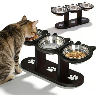 PORFOYO Gamelle surélevée pour chat avec 3 bols en acier inoxydable et support en bois, station d'alimentation pour chat, inclinable à 15 °, gamelle en bois 3 en 1, station d'alimentation réglable pour chats - Publicité PORFOYO Gamelle surélevée pour chat avec 3 bols en acier inoxydable et support en bois, station d'alimentation pour chat, inclinable à 15 °, gamelle en bois 3 en 1, station d'alimentation réglable pour chats - Publicité