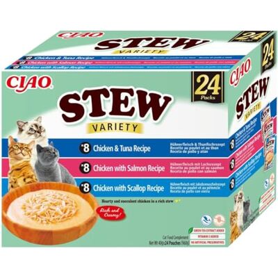 INABA Ciao Stew, Variété au Poulet, Thon, Saumon et Pétoncle, 24x40g Friandise Humide pour Chat en 3 Saveurs, Ragoût Crémeux avec Lanières de Poulet, Délicieux Snack, Plat d'accompagnement - Publicité INABA Ciao Stew, Variété au Poulet, Thon, Saumon et Pétoncle, 24x40g Friandise Humide pour Chat en 3 Saveurs, Ragoût Crémeux avec Lanières de Poulet, Délicieux Snack, Plat d'accompagnement - Publicité