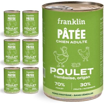 Franklin – Patée pour Chien – 70% de Poulet – Lot 6 x 400 g – sans Céréales – Riche en Protéines de qualité – Mono-protéine – Digestion Facile - Publicité Franklin – Patée pour Chien – 70% de Poulet – Lot 6 x 400 g – sans Céréales – Riche en Protéines de qualité – Mono-protéine – Digestion Facile - Publicité