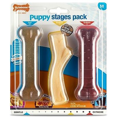 Nylabone Puppy Stages Triple Pack, Démarreur De Poulet Doux À Mâcher, Bâton en Bois De Bacon À L'érable Diplômé, Os Extrême De Boeuf Jerky Diplômé, Taille Moyenne (1 Paquet De 3 Jouets À Mâcher) - Publicité Nylabone Puppy Stages Triple Pack, Démarreur De Poulet Doux À Mâcher, Bâton en Bois De Bacon À L'érable Diplômé, Os Extrême De Boeuf Jerky Diplômé, Taille Moyenne (1 Paquet De 3 Jouets À Mâcher) - Publicité