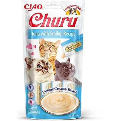 INABA Churu, Friandises pour Chats, Tube Crémeux, Thon & Pétoncle, 4x14g Délicieux Snacks à Lécher pour Félins, Texture Lisse et Onctueuse, Ingrédients Premium, Faible en Calories, Stick Liquide - Publicité INABA Churu, Friandises pour Chats, Tube Crémeux, Thon & Pétoncle, 4x14g Délicieux Snacks à Lécher pour Félins, Texture Lisse et Onctueuse, Ingrédients Premium, Faible en Calories, Stick Liquide - Publicité