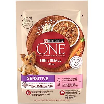 PURINA One Mini/Small Sensitive Saumon et riz - Nourriture humide pour chiens - 85 g - Publicité PURINA One Mini/Small Sensitive Saumon et riz - Nourriture humide pour chiens - 85 g - Publicité