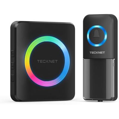 TECKNET Sonnette sans Fil Exterieur Étanche, RVB Kit de Carillon IP65 Étanche 400 Mètres Longue Distance, Volume à 5 Niveaux, 60 Mélodies, Noir - Publicité TECKNET Sonnette sans Fil Exterieur Étanche, RVB Kit de Carillon IP65 Étanche 400 Mètres Longue Distance, Volume à 5 Niveaux, 60 Mélodies, Noir - Publicité