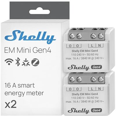 Shelly EM Mini Gen4 Compteur d'énergie connecté Matter, Wi-Fi, Zigbee, 1 canal 16A 240 V CA, Mesure consommation électrique, Stockage données, Smart Control app, Horaires, Scènes Lot de 2 - Publicité Shelly EM Mini Gen4 Compteur d'énergie connecté Matter, Wi-Fi, Zigbee, 1 canal 16A 240 V CA, Mesure consommation électrique, Stockage données, Smart Control app, Horaires, Scènes Lot de 2 - Publicité