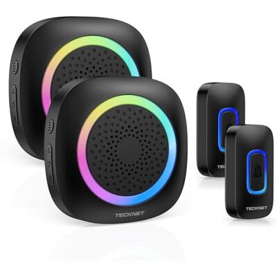 TECKNET Sonnette sans Fil Etanche IP66 avec Piles, 2 Carillon & 2 Bouton Sonnette Extérieure, Portée 400 m, 60 Mélodies, 5 Niveaux de Volume, Lumière RGB pour Maison, Hôtel, Bureaux, Noir - Publicité TECKNET Sonnette sans Fil Etanche IP66 avec Piles, 2 Carillon & 2 Bouton Sonnette Extérieure, Portée 400 m, 60 Mélodies, 5 Niveaux de Volume, Lumière RGB pour Maison, Hôtel, Bureaux, Noir - Publicité