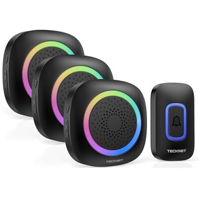 TECKNET Sonnette sans Fil Exterieur Etanche, 400M IP66 Étanche Sonnette sans Fil avec Pile, 3 Récepteur avec Lumière RVB, 60 Mélodies et 5 Niveaux, Carillon sans Fil pour Maison, Hôtel, Urgence, Noir - Publicité TECKNET Sonnette sans Fil Exterieur Etanche, 400M IP66 Étanche Sonnette sans Fil avec Pile, 3 Récepteur avec Lumière RVB, 60 Mélodies et 5 Niveaux, Carillon sans Fil pour Maison, Hôtel, Urgence, Noir - Publicité