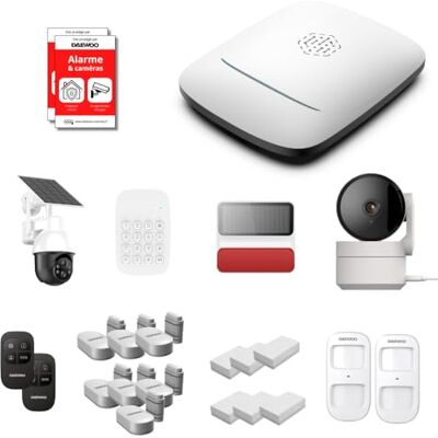 Daewoo Pack Alarme Maison sans Fil Elite (Harmonie+) Centrale PA501Z Kit XXL 19 Accessoires + 1 Caméra Solaire Motorisée & 1 Intérieure WiFi/GSM sans Abonnement - Publicité Daewoo Pack Alarme Maison sans Fil Elite (Harmonie+) Centrale PA501Z Kit XXL 19 Accessoires + 1 Caméra Solaire Motorisée & 1 Intérieure WiFi/GSM sans Abonnement - Publicité