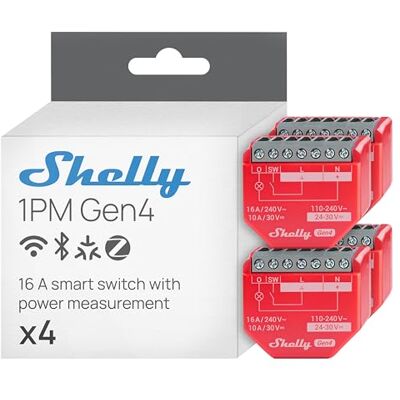 Shelly 1PM Gen4 Interrupteur Matter, Zigbee, Wi-Fi, 1 Canal 16A, Mesure de consommation électrique, Éclairage connecté, Contrôle app, Compatible Apple Homekit, Alexa, Google, SmartThings Lot de 4 - Publicité Shelly 1PM Gen4 Interrupteur Matter, Zigbee, Wi-Fi, 1 Canal 16A, Mesure de consommation électrique, Éclairage connecté, Contrôle app, Compatible Apple Homekit, Alexa, Google, SmartThings Lot de 4 - Publicité