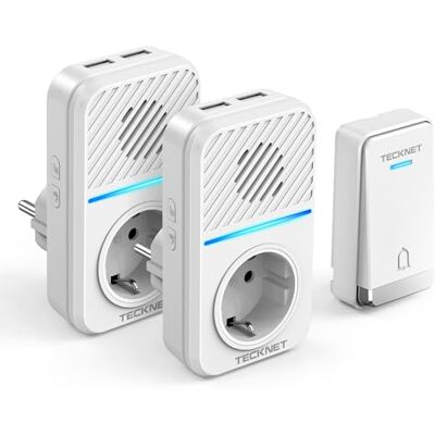 TECKNET Sonnette sans Fil Kit, 400M Sonnette avec 2 Récepteurs 5 Niveaux Volume de Porte sans Fil Auto-alimentée avec 60 Mélodies, IP65 Kit de Carillon avec Tomas USB Externas y Luz LED - Publicité TECKNET Sonnette sans Fil Kit, 400M Sonnette avec 2 Récepteurs 5 Niveaux Volume de Porte sans Fil Auto-alimentée avec 60 Mélodies, IP65 Kit de Carillon avec Tomas USB Externas y Luz LED - Publicité