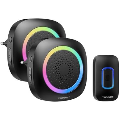 TECKNET Sonnette sans Fil, Sonnette enfichable avec lumière RVB, kit de Carillon de Porte sans Fil Portable étanche IP66, portée sans Fil 400 m, 60 carillons et Volume à 5 Niveaux - Publicité TECKNET Sonnette sans Fil, Sonnette enfichable avec lumière RVB, kit de Carillon de Porte sans Fil Portable étanche IP66, portée sans Fil 400 m, 60 carillons et Volume à 5 Niveaux - Publicité