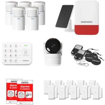 Daewoo Pack Alarme Connectée WiFi&GSM VIG105+ Kit Complet sans Abonnement, 10 Contacteurs + 5 Détecteurs, Sirène Solaire, Caméra Full HD, Application Mobile, Alexa & Google Home - Publicité Daewoo Pack Alarme Connectée WiFi&GSM VIG105+ Kit Complet sans Abonnement, 10 Contacteurs + 5 Détecteurs, Sirène Solaire, Caméra Full HD, Application Mobile, Alexa & Google Home - Publicité