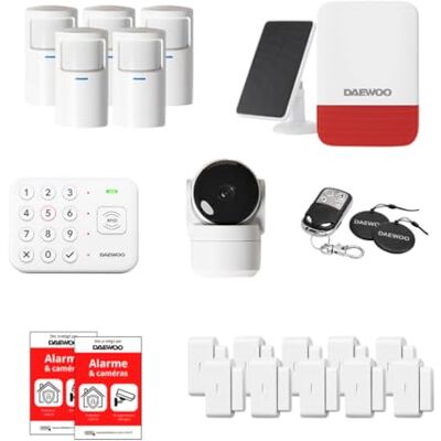 Daewoo Pack Alarme Connectée WiFi VIG105 Kit Complet sans Abonnement, 10 Contacteurs + 5 Détecteurs de Mouvement, Sirène Solaire, Caméra Surveillance Full HD Alexa & Google Home - Publicité Daewoo Pack Alarme Connectée WiFi VIG105 Kit Complet sans Abonnement, 10 Contacteurs + 5 Détecteurs de Mouvement, Sirène Solaire, Caméra Surveillance Full HD Alexa & Google Home - Publicité